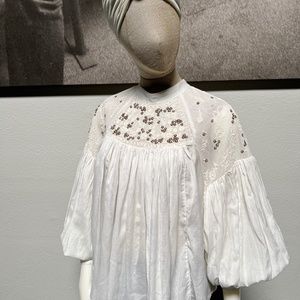 Free People Womens Top Have It My Way Pleated Embroidered Beaded Blouse Ivory XS